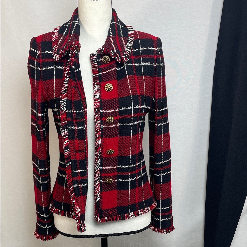 2 pc St. JOHN knit fringe jacket Plaid Red suit gold Black Women's Pants Set - Picture 14 of 17